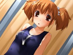 Rule 34 | 1girl, aftersex, breasts, brown hair, cum, cum on body, cum on breasts, cum on clothes, cum on swimsuit, cum on upper body, game cg, koyuki (may reason), may reason, one-piece swimsuit, pochi katou, red eyes, school swimsuit, short twintails, soft circle courreges, solo, swimsuit, twintails