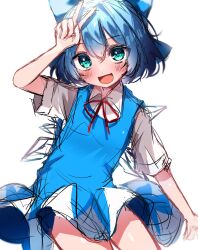 Rule 34 | aoyama tenchou, blue bow, blue dress, blue eyes, blue hair, blush, bow, check translation, cirno, dress, fairy, fairy wings, highres, ice, ice wings, pinafore dress, red ribbon, ribbon, short sleeves, sketch, sleeveless, sleeveless dress, smile, touhou, translated, translation request, v, v over head, white sleeves, wings