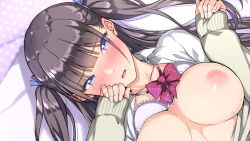 Rule 34 | 1girl, bed, black hair, blue eyes, blush, bow, bowtie, bra, bra lift, breasts, breasts apart, crying, embarrassed, hands up, highres, k-ten, large breasts, long hair, looking at viewer, lying, nipples, on bed, open clothes, ore wo baka ni suru kuso namaiki na imouto no yowami wo nigittan de onii chinpo senyou no imouto onaho ni shitatta w, original, parted lips, pillow, school uniform, solo, sweat, tears, twintails, underwear, upper body