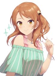 Rule 34 | 1girl, absurdres, bare shoulders, bracelet, brown eyes, brown hair, closed mouth, green shirt, highres, hojo karen, idolmaster, idolmaster cinderella girls, jewelry, light blush, long hair, looking at viewer, monza, off-shoulder shirt, off shoulder, one side up, shirt, simple background, smile, solo, striped clothes, striped shirt, upper body, vertical-striped clothes, vertical-striped shirt, white background