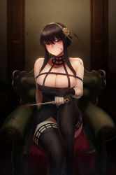 Rule 34 | 1girl, absurdres, bare shoulders, black dress, black gloves, black hair, black thighhighs, blood, blood on arm, blood on face, blood on wall, bloody weapon, blush, breasts, chair, cleavage, closed mouth, dress, feet out of frame, fingerless gloves, floral print, flower, gloves, gold hairband, hair flower, hair ornament, hairband, highres, jdw, knee up, large breasts, long hair, looking at viewer, lounge chair, off-shoulder dress, off shoulder, raised eyebrows, red eyes, rose, rose print, sidelocks, sitting, skindentation, smile, solo, spikes, spy x family, thighhighs, two-sided dress, two-sided fabric, weapon, yor briar