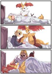 Rule 34 | 1boy, absurdres, age progression, animal ear fluff, animal ears, animal nose, bed, blonde hair, body fur, braixen, breasts, cleavage, creatures (company), delphox, fox ears, furry, furry female, game freak, gen 6 pokemon, gigantic breasts, hand on another&#039;s hand, highres, medium hair, nintendo, old, pokemon, pokemon (creature), short hair, sick, simonbutt6, simple background, snout, tail, under covers, white background, white fur, yellow fur
