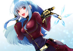 Rule 34 | 1girl, :d, belt, blue hair, bodysuit, breasts, chaps, cropped jacket, cryokinesis, gloves, ice, jacket, kula diamond, long hair, looking at viewer, medium breasts, nanase kokono, open mouth, red eyes, smile, snk, solo, the king of fighters, the king of fighters xiv, zipper