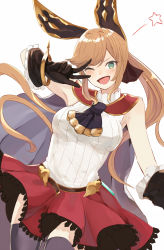 Rule 34 | 10s, 1girl, ;d, black gloves, black thighhighs, blush, breasts, brown hair, cape, clarisse (granblue fantasy), gloves, granblue fantasy, green eyes, hair ribbon, highres, kurokawa (kurokashi655), large breasts, long hair, looking at viewer, one eye closed, open mouth, ponytail, red skirt, ribbon, simple background, skirt, sleeveless, smile, solo, star (symbol), thighhighs, v, v over eye, white background