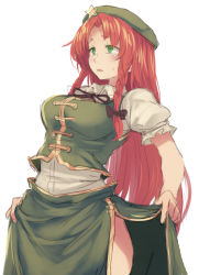 Rule 34 | 1girl, beret, braid, breasts, chinese clothes, clothes lift, collared shirt, commentary request, cowboy shot, green eyes, green hat, green skirt, green vest, hand on own hip, hat, hong meiling, hot, long hair, long skirt, looking afar, medium breasts, open mouth, red hair, shirt, short sleeves, sketch, skirt, skirt lift, skirt set, solo, star (symbol), sweatdrop, tangzhuang, terrajin, touhou, twin braids, very long hair, vest, white shirt