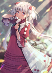Rule 34 | 1girl, absurdres, aqua bow, blue eyes, blurry, blurry background, blush, bow, breasts, closed mouth, dress, frilled dress, frills, grey hair, hair bow, highres, jacket, long sleeves, looking at viewer, mabinogi, medium breasts, nao (mabinogi), petticoat, pinafore dress, red bow, red dress, sidelocks, sleeveless dress, smile, solo, standing, twintails, usamata, white hair, white jacket