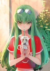 Rule 34 | 1girl, blurry, blush, c.c., code geass, commentary request, creayus, depth of field, drinking, drinking straw, eyewear on head, green hair, holding, long hair, looking down, looking to the side, midriff, outdoors, red shirt, shirt, short sleeves, solo, sweat, upper body, yellow eyes