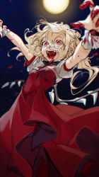 Rule 34 | 1girl, absurdres, adapted costume, artist name, blonde hair, blood, blood on face, blood on hands, blue background, commentary, cowboy shot, crystal, dress, english commentary, fangs, flandre scarlet, gotou (nekocat), highres, long hair, no headwear, no headwear, open mouth, outstretched arms, pointy ears, puffy short sleeves, puffy sleeves, red dress, red eyes, short sleeves, side ponytail, smile, solo, teeth, touhou, upper teeth only, vampire, wings, wrist cuffs