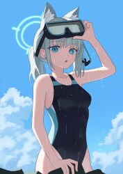 Rule 34 | 1girl, absurdres, animal ear fluff, animal ears, black one-piece swimsuit, blue archive, blue eyes, blue sky, breasts, chiken2525, cloud, competition swimsuit, covered navel, cross hair ornament, day, diving mask, diving mask on head, extra ears, goggles, goggles on head, grey hair, hair ornament, halo, highres, low ponytail, medium breasts, medium hair, mismatched pupils, multicolored clothes, multicolored swimsuit, official alternate costume, one-piece swimsuit, open mouth, outdoors, shiroko (blue archive), shiroko (swimsuit) (blue archive), sky, snorkel, solo, swimsuit, wet, wet clothes, wet swimsuit, wolf ears