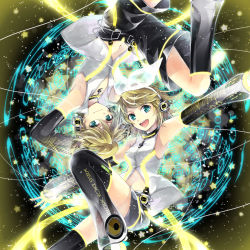 Rule 34 | 1boy, 1girl, aqua eyes, arm warmers, armpits, bad id, bad pixiv id, blonde hair, brother and sister, detached sleeves, hair ornament, hair ribbon, hairclip, hana (mew), headphones, kagamine len, kagamine len (append), kagamine rin, kagamine rin (append), leg warmers, navel, open mouth, outstretched arms, ribbon, short hair, shorts, siblings, smile, spread arms, thighhighs, twins, vocaloid, vocaloid append