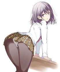 Rule 34 | 1girl, absurdres, adagaki aki, arm support, bent over, black pantyhose, blue eyes, brown skirt, floating hair, grey hair, heart, highres, looking at viewer, looking back, masamune-kun no revenge, miniskirt, open mouth, panties, pantyhose, pleated skirt, shirt, short hair, simple background, skirt, solo, standing, sunhyun, underwear, white background, white panties, white shirt