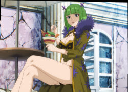 1girl absurdres brandish_mew breasts cleavage coat fairy_tail fur_trim green_eyes green_hair highres large_breasts long_coat navel sitting solo stitched third-party_edit