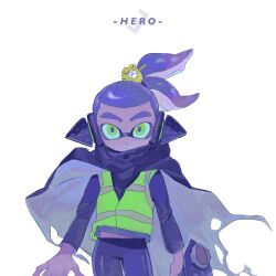 Rule 34 | 1boy, agent 3 (splatoon), black cape, black pants, blue hair, cape, closed mouth, food-themed hair ornament, green eyes, hair ornament, headphones, high-visibility vest, highres, inkling, inkling boy, inkling player character, male focus, nintendo, pants, ponytail, solo, splatoon (series), takoyaki hair ornament, tentacle hair, thick eyebrows, torn cape, torn clothes, white background, yakiyori 0001