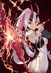 Rule 34 | 1girl, bow (weapon), china dress, chinese clothes, detached sleeves, drawing bow, dress, fate/grand order, fate (series), flaming arrow, heroic spirit traveling outfit, highres, holding, holding bow (weapon), holding weapon, horns, kodamazon, oni horns, ponytail, red eyes, side slit, silver hair, solo, tomoe gozen (fate), tomoe gozen (traveling outfit) (fate), weapon