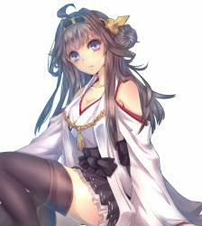 Rule 34 | 10s, 1girl, ahoge, bad id, bad pixiv id, bare shoulders, black thighhighs, blue eyes, breasts, brown hair, cleavage, kantai collection, kongou (kancolle), long hair, looking at viewer, shintou, solo, thighhighs, thighs