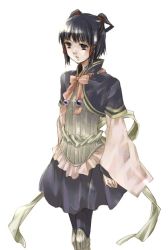 Rule 34 | 1girl, black hair, blue eyes, bow, bowtie, brooch, capelet, expressionless, gensou suikoden, gensou suikoden v, jewelry, knee pads, long sleeves, lyon (suikoden), parted lips, pink bow, ribbon, short hair, simple background, skirt, solo, standing, white background