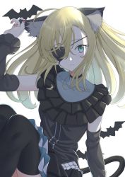 Rule 34 | 1girl, ahoge, animal ear fluff, animal ears, arm support, bat background, black thighhighs, blonde hair, cat ears, cat tail, detached sleeves, dutch angle, eyepatch, green eyes, hair between eyes, halloween, highres, long hair, looking at viewer, othinus, paradox (hatto air), solo, tail, thighhighs, toaru majutsu no index, toaru majutsu no index: new testament, white background