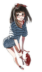 Rule 34 | 1girl, bag, black hair, brown eyes, face, full body, glasses, hairband, highres, justminor, leaning forward, no socks, off shoulder, open mouth, original, pigeon-toed, red-framed eyewear, scrunchie, shirt, shoes, shorts, shoulder bag, simple background, sneakers, solo, striped clothes, striped shirt, white background