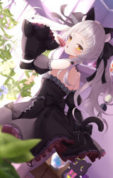 Rule 34 | 1girl, :o, animal ear fluff, animal ears, black bow, black dress, black ribbon, blush, bow, cat ears, cat girl, cat tail, commentary request, detached sleeves, dress, dutch angle, eating, food, frilled bow, frilled dress, frilled ribbon, frilled sleeves, frills, hair ribbon, highres, holding, holding food, hololive, indoors, leaf, long hair, long sleeves, looking at viewer, looking back, murasaki shion, murasaki shion (gothic lolita), pantyhose, ribbon, saki (saki paint), shiokko (murasaki shion), silver hair, solo, standing, strapless, strapless dress, tail, tail bow, tail ornament, thigh strap, twintails, virtual youtuber, wide sleeves, window, yellow eyes
