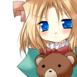 Rule 34 | 1girl, :&lt;, ayabisu, blonde hair, blue eyes, blush, curtained hair, iris chateaubriand, looking at viewer, lowres, parted bangs, puffy sleeves, sakura taisen, solo, stuffed animal, stuffed toy, teddy bear