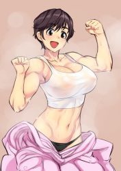 Rule 34 | 10s, 1girl, :d, abs, artist request, breasts, brown eyes, cameltoe, cleavage, covered erect nipples, female focus, gradient background, highres, idolmaster, idolmaster cinderella girls, large breasts, midriff, muscular, navel, nipples, oikawa shizuku, oku (okumen), open mouth, overalls, panties, see-through, short hair, smile, solo, sweat, tank top, toned, underwear