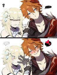 Rule 34 | ..., 1boy, 1girl, 2koma, :q, absurdres, anger vein, black gloves, blonde hair, blush, comic, commentary, flower, genshin impact, gloves, hair between eyes, hair flower, hair ornament, heart, highres, jacket, kurenaiz (kuayrenaiz), lumine (genshin impact), mask, mask on head, middle finger, orange hair, penetration gesture, red scarf, scarf, sexually suggestive, shaded face, simple background, sketch, spoken ellipsis, spoken heart, squiggle, symbol-only commentary, tartaglia (genshin impact), tongue, tongue out, twitter username, white background, white flower, yellow eyes