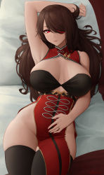 Rule 34 | 1girl, absurdres, armpits, bare shoulders, beidou (genshin impact), black thighhighs, breasts, brown hair, china dress, chinese clothes, cleavage, cleavage cutout, closed mouth, clothing cutout, colored eyepatch, curvy, dress, eyepatch, from above, genshin impact, hair over one eye, hand on own stomach, highres, jewelry, large breasts, long hair, lying, no panties, on back, one eye covered, pelvic curtain, pink lips, red dress, red eyes, ring, skindentation, thick thighs, thighhighs, thighs, wide hips, zaphn