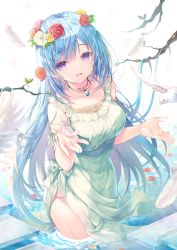 Rule 34 | 1girl, absurdres, animal, arm ribbon, bare arms, bare shoulders, bird, blue hair, branch, breasts, collarbone, dress, emori miku, green dress, head wreath, highres, jewelry, large breasts, liver city, long hair, looking at viewer, miwabe sakura, necklace, open mouth, purple eyes, ribbon, side slit, sleeveless, sleeveless dress, smile, solo, very long hair, wading, water, wet