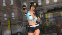 Rule 34 | 1girl, 3d, badge, belt, breasts, brown hair, cleavage, dead or alive, dead or alive 5, dyed hair, female focus, fingerless gloves, front-tie top, gloves, gun, hat, holster, large breasts, midriff, mila (doa), navel, official art, outdoors, police, police uniform, policewoman, red hair, short hair, short shorts, shorts, solo, uniform, weapon