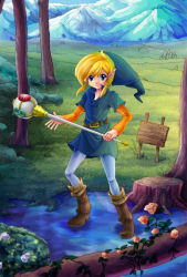 Rule 34 | 10ca1, 1boy, belt, blonde hair, boots, brown footwear, bush, flower, full body, grass, green hat, hat, link, log, looking at viewer, male focus, mountain, nintendo, outdoors, pointy ears, rod of seasons, scenery, sign, solo, standing, the legend of zelda, the legend of zelda: oracle of seasons, tree, tree stump, tunic, water