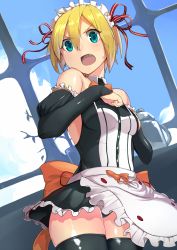 Rule 34 | 1girl, apron, bad id, bad pixiv id, blonde hair, blue eyes, bow, cloud, day, detached sleeves, fang, frills, highres, katsudansou, maid, maid apron, maid headdress, moe2015, original, panties, parted bangs, ribbon, shiny clothes, short hair, skirt, sky, solo, sweatdrop, teapot, thighhighs, underwear, window