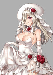 Rule 34 | 1girl, bare shoulders, beret, blush, braid, breasts, bridal veil, brown eyes, cleavage, closed mouth, detached collar, dress, elbow gloves, flower, g36c (girls&#039; frontline), g36c (you who steps up) (girls&#039; frontline), girls&#039; frontline, gloves, grey background, hair over one eye, hat, kaorihero, long hair, looking at viewer, medium breasts, official alternate costume, rose, side braid, silver hair, simple background, smile, solo, veil, wedding dress, white dress, white gloves, white hat