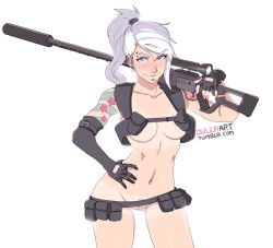 Rule 34 | 1girl, asymmetrical gloves, belt, black gloves, blue eyes, blush, contrapposto, cosplay, ear piercing, earrings, eyebrow piercing, female pubic hair, gloves, gun, hand on own hip, has bad revision, has censored revision, holster, howler (owler), jewelry, kill la kill, lip piercing, long hair, md5 mismatch, mismatched gloves, navel, nudist beach uniform, original, over shoulder, owler, piercing, ponytail, pubic hair, pussy, resolution mismatch, rifle, scope, shirt tan, shorts tan, shoulder holster, sniper rifle, solo, source larger, standing, suppressor, tan, tanline, tattoo, uncensored, utility belt, watermark, weapon, weapon over shoulder, web address, white hair