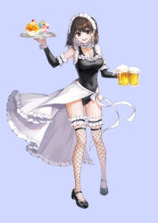 Rule 34 | 1girl, absurdres, apron, beer mug, black footwear, black hair, black one-piece swimsuit, blue background, breasts, brown eyes, cleavage, covered navel, cup, detached sleeves, fishnet thighhighs, fishnets, frilled apron, frills, full body, hands up, highres, holding, holding cup, holding plate, large breasts, looking at viewer, maid, maid headdress, medium hair, mergerri, mug, one-piece swimsuit, open mouth, original, plate, simple background, standing, swimsuit, thighhighs, white apron, wrist cuffs