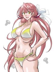 Rule 34 | 1girl, :d, abs, absurdres, akashi (kancolle), bikini, breasts, cleavage, cowboy shot, gradient bikini, hair ribbon, highres, kantai collection, large breasts, long hair, looking at viewer, navel, open mouth, pink hair, red ribbon, ribbon, screw, simple background, smile, solo, sozan, swimsuit, thighs, tress ribbon, white background, white ribbon, yellow eyes