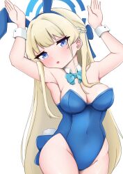 Rule 34 | 1girl, absurdres, animal ears, armpits, blonde hair, blue archive, blue eyes, bow, bowtie, breasts, chef rat, hairband, halo, highres, leotard, long hair, navel, playboy bunny, rabbit pose, simple background, solo, thighs, toki (blue archive), toki (bunny) (blue archive), white background