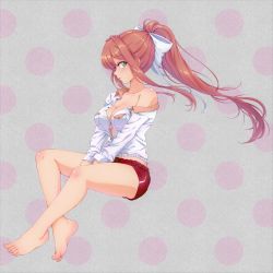 Rule 34 | 1girl, barefoot, between legs, breast pocket, breasts, brown hair, bursting breasts, casual, cleavage, commentary, cosplay, doki doki literature club, english commentary, feet, full body, green eyes, hair ribbon, hand between legs, highres, long hair, medium breasts, monika (doki doki literature club), off shoulder, p-nekoe, partially unbuttoned, pocket, polka dot, polka dot background, ponytail, profile, ribbon, sayori (doki doki literature club), sayori (doki doki literature club) (cosplay), shirt, short shorts, shorts, solo, white ribbon