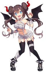 Rule 34 | 1girl, :d, alternate costume, bandages, black footwear, black thighhighs, blue eyes, blush, boots, bracelet, breasts, brown hair, collarbone, commentary, creatures (company), double bun, eyelashes, floating hair, full body, game freak, hair bun, hands up, highres, horns, jewelry, kami (maxj8520), legs apart, long hair, midriff, nail polish, naked bandage, navel, nintendo, open mouth, pokemon, pokemon bw2, red nails, rosa (pokemon), shiny skin, smile, solo, standing, teeth, thighhighs, tongue, twintails, upper teeth only