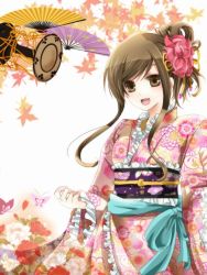 Rule 34 | 1girl, bad id, bad pixiv id, brown eyes, brown hair, bug, butterfly, hand fan, flower, frills, hair ornament, bug, japanese clothes, kimono, leaf, maple leaf, open mouth, original, sakura (lilak a), sidelocks, smile, solo