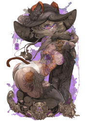 Rule 34 | 1girl, absurdres, ass, breasts, covered erect nipples, flower, full body, glasses, gloves, hat, highres, lips, mole, mole under eye, original, parkjinsuky, parted lips, purple eyes, solo, splatter background, tail, tattoo, white background, witch hat