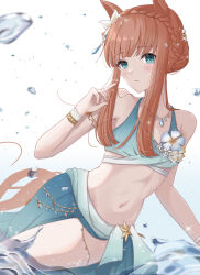 Rule 34 | 1girl, absurdres, animal ears, armpits, blue sarong, bracelet, braid, commentary request, cowboy shot, crown braid, flat chest, flower, hair flower, hair ornament, highres, horse ears, horse girl, horse tail, jewelry, medium hair, mino (mii mt), navel, necklace, official alternate costume, official alternate hairstyle, pointing, pointing at self, sarong, silence suzuka (emerald on the waves) (umamusume), silence suzuka (umamusume), solo, swimsuit, tail, umamusume, water drop