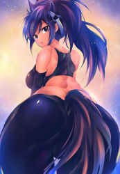 Rule 34 | 10s, 1girl, animal ears, ass, back, bare shoulders, black hair, breasts, brown eyes, brown thoroughbred (kemono friends), curvy, highres, horse ears, horse tail, kemono friends, large breasts, long hair, looking at viewer, looking back, parted lips, purple hair, shinen, solo, tail, wide hips