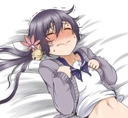 Rule 34 | 10s, 1girl, akebono (kancolle), bell, blush, breasts, cardigan, clenched hands, commentary, closed eyes, flower, hair bell, hair flower, hair ornament, jingle bell, kantai collection, long sleeves, navel, nose blush, on bed, pillow, purple hair, sailor collar, sailor shirt, shino (ponjiyuusu), shirt, side ponytail, small breasts, solo, stomach, sweat, trembling, upper body