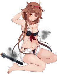 Rule 34 | 1girl, adapted costume, barefoot, bikini, bikini under clothes, black bikini, breasts, brown hair, cleavage, hair between eyes, hair flaps, hairband, kantai collection, kujou ichiso, medium breasts, official art, orange eyes, red hairband, shiratsuyu (kancolle), shiratsuyu kai ni (kancolle), short hair, sitting, swimsuit, torn clothes, transparent background, whistle, whistle around neck