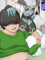 Rule 34 | 1boy, 1girl, bare shoulders, black hair, black sclera, blue skin, blush, breast rest, breasts, butakoma 300g, censored, cleavage cutout, clothing cutout, colored sclera, colored skin, demon girl, detached sleeves, fingernails, full-face blush, green shirt, hair between eyes, hair over eyes, hand on head, heart, highres, horns, indoors, lace, large breasts, long hair, looking at viewer, open mouth, penis, poster (medium), pyurachri, shirt, short hair, sleeves past wrists, smile, sweat, tissue, white hair, yellow eyes, zipper