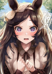 Rule 34 | !, 1girl, :d, ?, @ @, absurdres, animal ears, black hair, blush, bow, casual, clutching chest, commentary request, forehead, hairband, hand on own chest, highres, horse ears, horse girl, lens flare, long hair, long sleeves, looking at viewer, neck ribbon, open mouth, purple eyes, railing, raised eyebrows, ribbon, rice shower (umamusume), shimofuji jun, shirt, smile, solo, spoken exclamation mark, spoken question mark, sunlight, umamusume, upper body, white bow, white shirt
