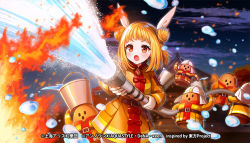 Rule 34 | 1girl, adapted costume, akariko, alternate eye color, alternate hair color, arms up, belt, black sky, blue sky, blush, bow, breasts, bucket, cloud, cloudy sky, commentary request, copyright notice, double bun, dress, dress bow, fire, gradient sky, hair bun, hair ribbon, hands up, haniwa (statue), house, joutouguu mayumi, long sleeves, looking to the side, medium breasts, night, night sky, official art, open mouth, orange dress, orange hair, pants, purple sky, red belt, red bow, red eyes, ribbon, short hair, sky, solo, standing, star (sky), starry sky, tongue, touhou, touhou danmaku kagura, v-shaped eyebrows, water, water drop, white pants, white ribbon