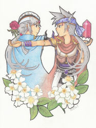 Rule 34 | 1980s (style), 2boys, alternate costume, alternate hairstyle, artist name, bad id, bad pixiv id, brown eyes, cape, crystal, dissidia final fantasy, final fantasy, final fantasy ii, flower, firion, grey hair, kaito (pixiv), kaito (teranoisan), male focus, multiple boys, retro artstyle, ponytail, retro artstyle, rose