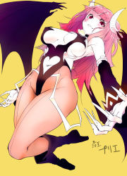 Rule 34 | 1girl, breasts, character name, clothing cutout, demon girl, demon horns, demon wings, disgaea, fingernails, grin, heart, heart cutout, horns, la pucelle, large breasts, long fingernails, long hair, looking at viewer, maou prier, navel, navel cutout, pantyhose, pink hair, prier, red eyes, smile, solo, solopipb, wings, yellow background