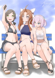 Rule 34 | 3girls, :d, ahoge, alternate costume, alternate hairstyle, armpits, ayuman, bare shoulders, bikini, black bikini, black hair, blue eyes, blush, breasts, brown eyes, brown hair, cellphone, crossed legs, full body, hair ornament, hair ribbon, hairclip, highres, holding, holding phone, kagerou (kancolle), kantai collection, kuroshio (kancolle), looking up, low twintails, midriff, multiple girls, navel, open mouth, phone, pink hair, ponytail, ribbon, sandals, shiranui (kancolle), short hair, short twintails, shorts, signature, sitting, small breasts, smartphone, smile, swimsuit, twintails, white bikini, white ribbon